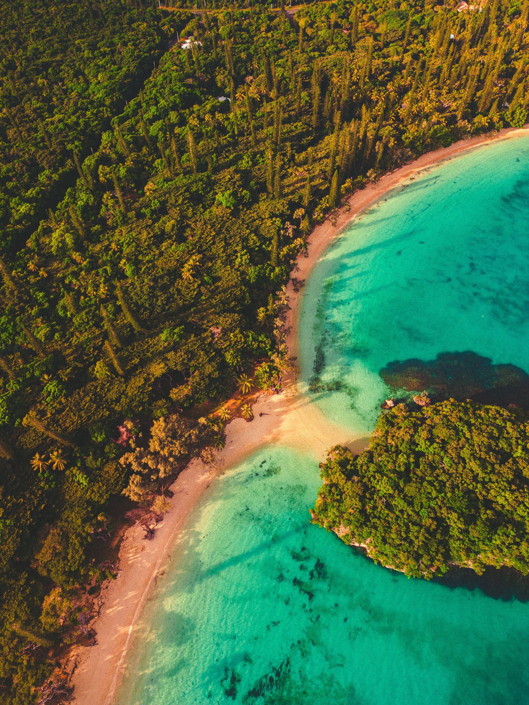 Vue de drone, 2 arcs de plage se rejoignent pour aller vers un îlot végétalisé. La forêt borde ces plages