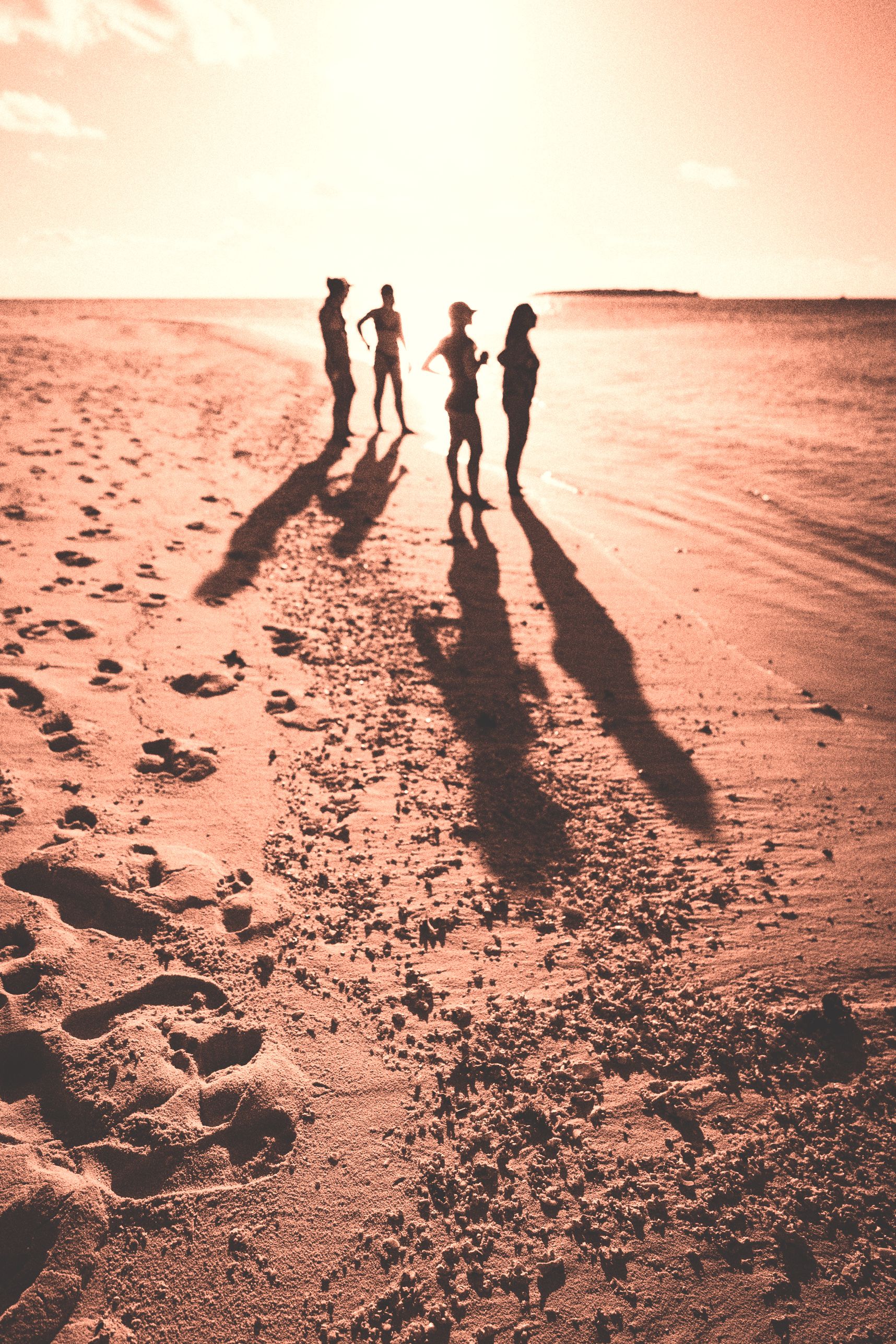 Quatre filles les pieds dans l'eau sur la plage. Derrière le soleil se couche. Des grandes silhouettes se forment sur le sable