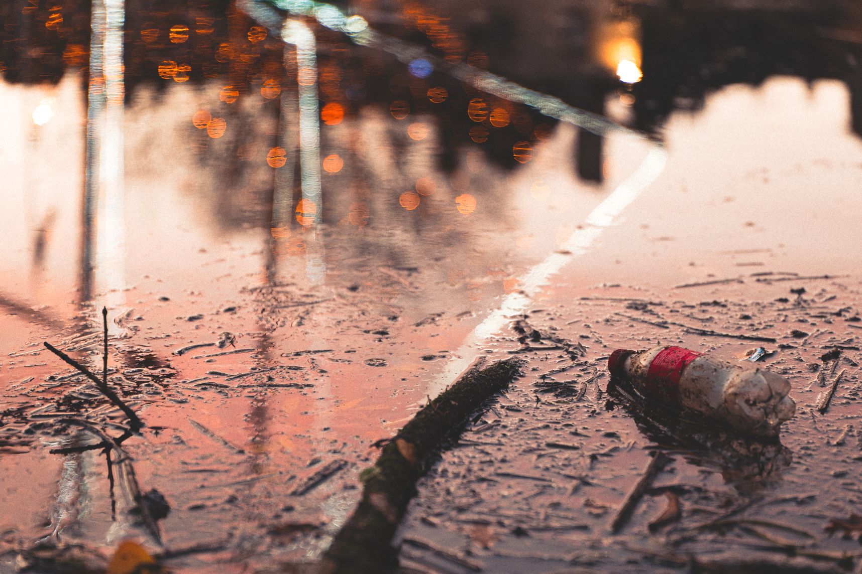Dans le port de Vannes jonche des déchets. En l'occurence une bouteille de Coca Cola en premier plan. Arrière plan dans le reflet de l'eau, le coucher de soleil et les illuminations de Noël