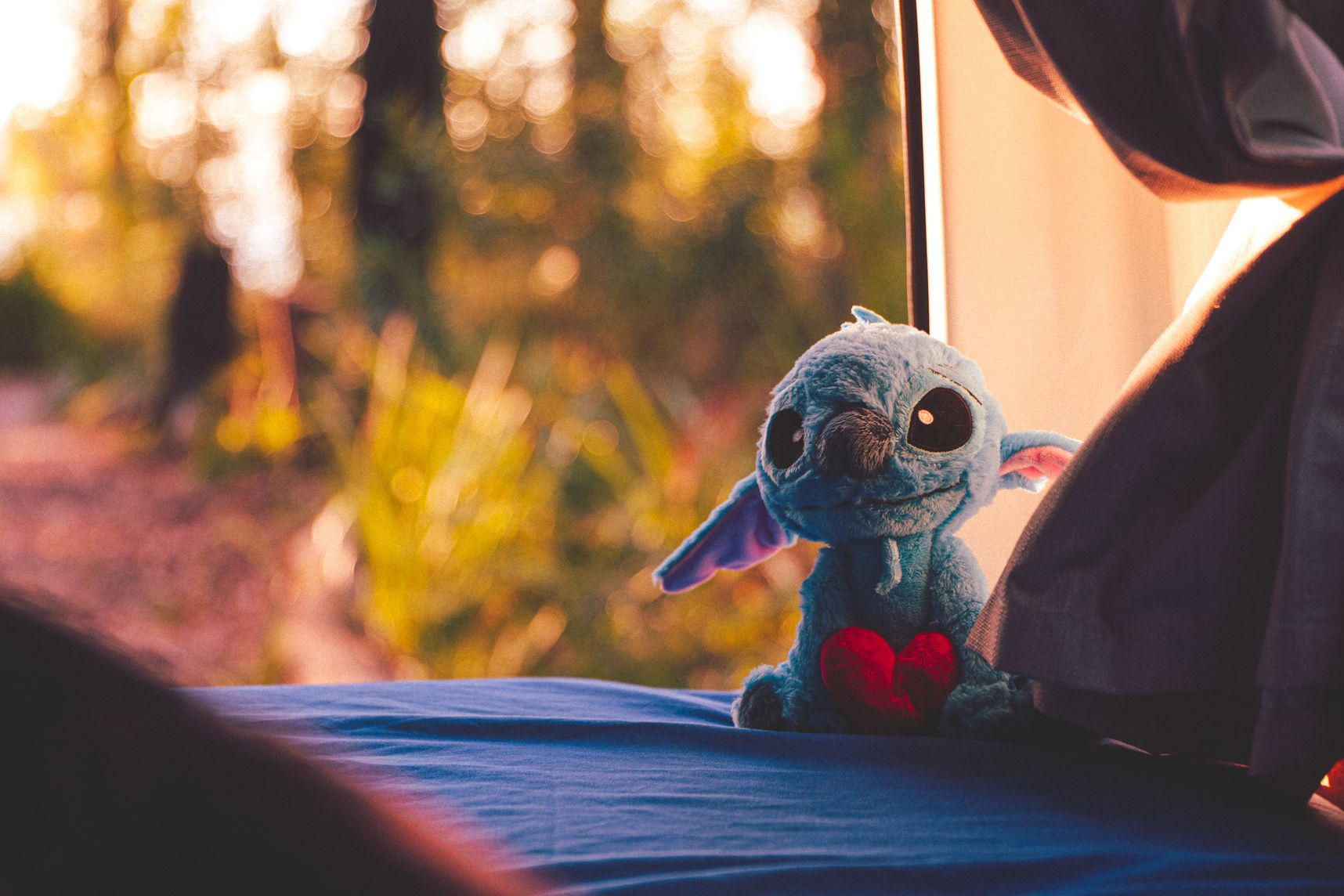 La peluche Stitch tient un coeur entre ses bras. Elle est assise sur le bout du lit du van. La porte arrière est ouverte, on y voit la végétation avec la lumière du lever de soleil