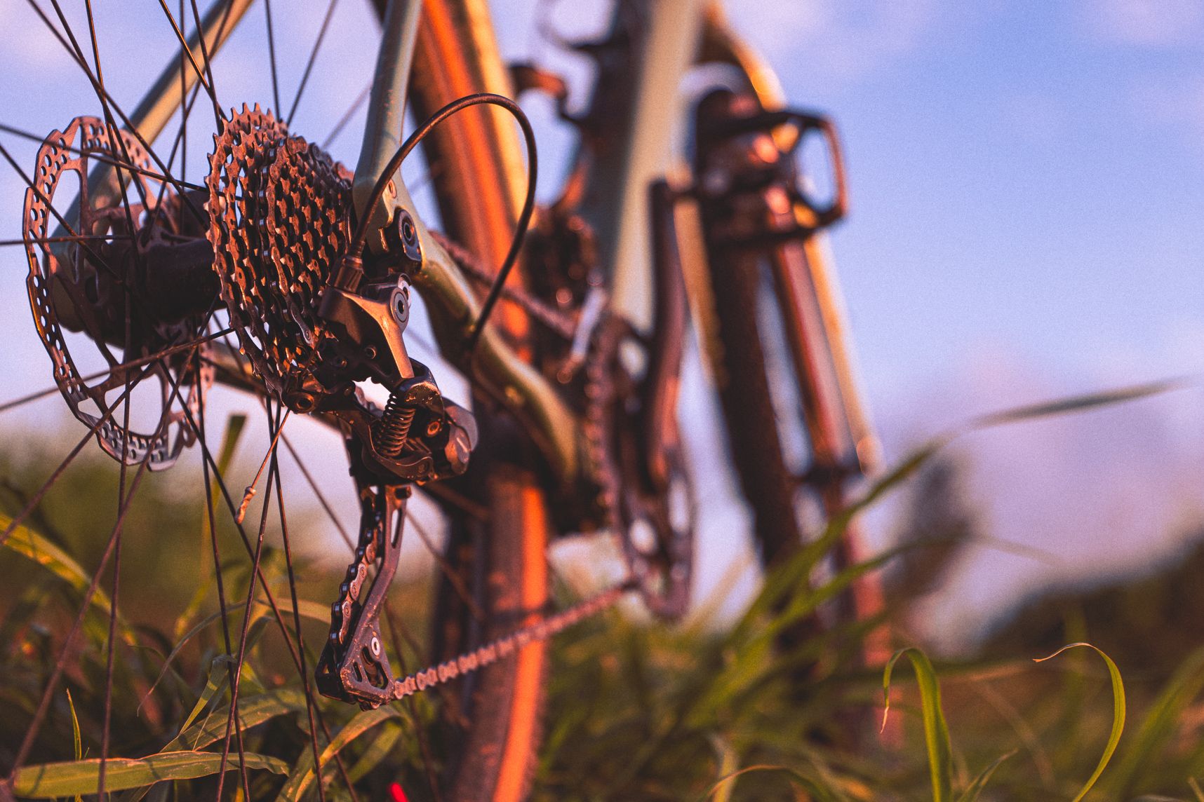 Gros plan sur le dérailleur d'un vélo et de ses cassettes. On y voit des rayures. En arrière plan dans le flou, le reste du vélo