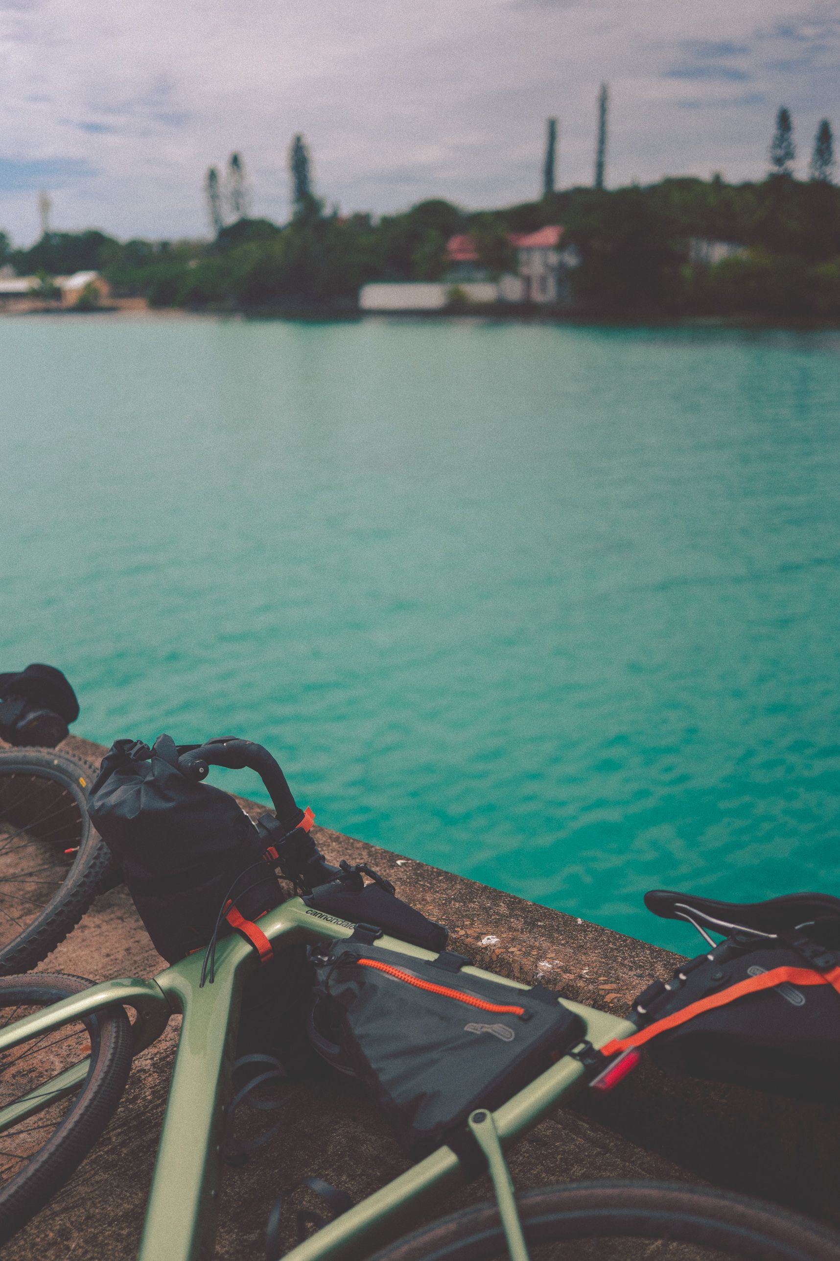 Le vélo monté avec ses bagages est posé allongé sur le quai. Juste en dessous l'eau turquoise. Derrière la terre ferme, les pins et l'aventure